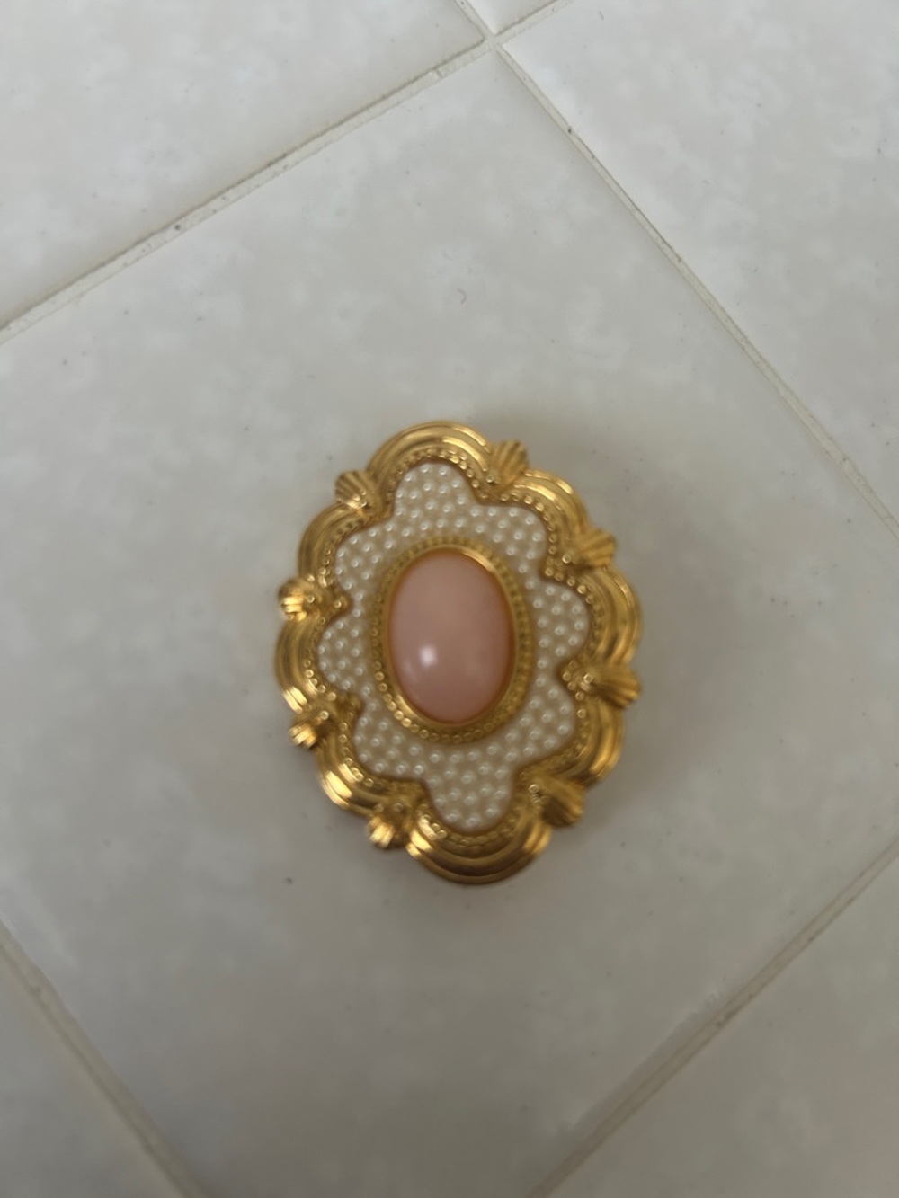 Gold-Tone Brooch with Pink Cabochon and Pearl Motif - Women Jewelry